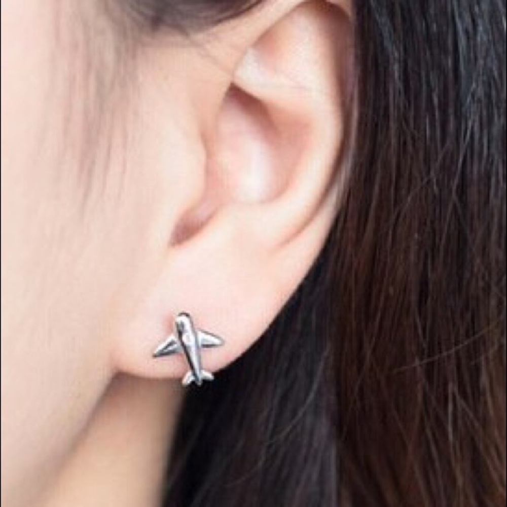 925 Sterling Silver Airplane Stud Earrings - Picture 1 of 7